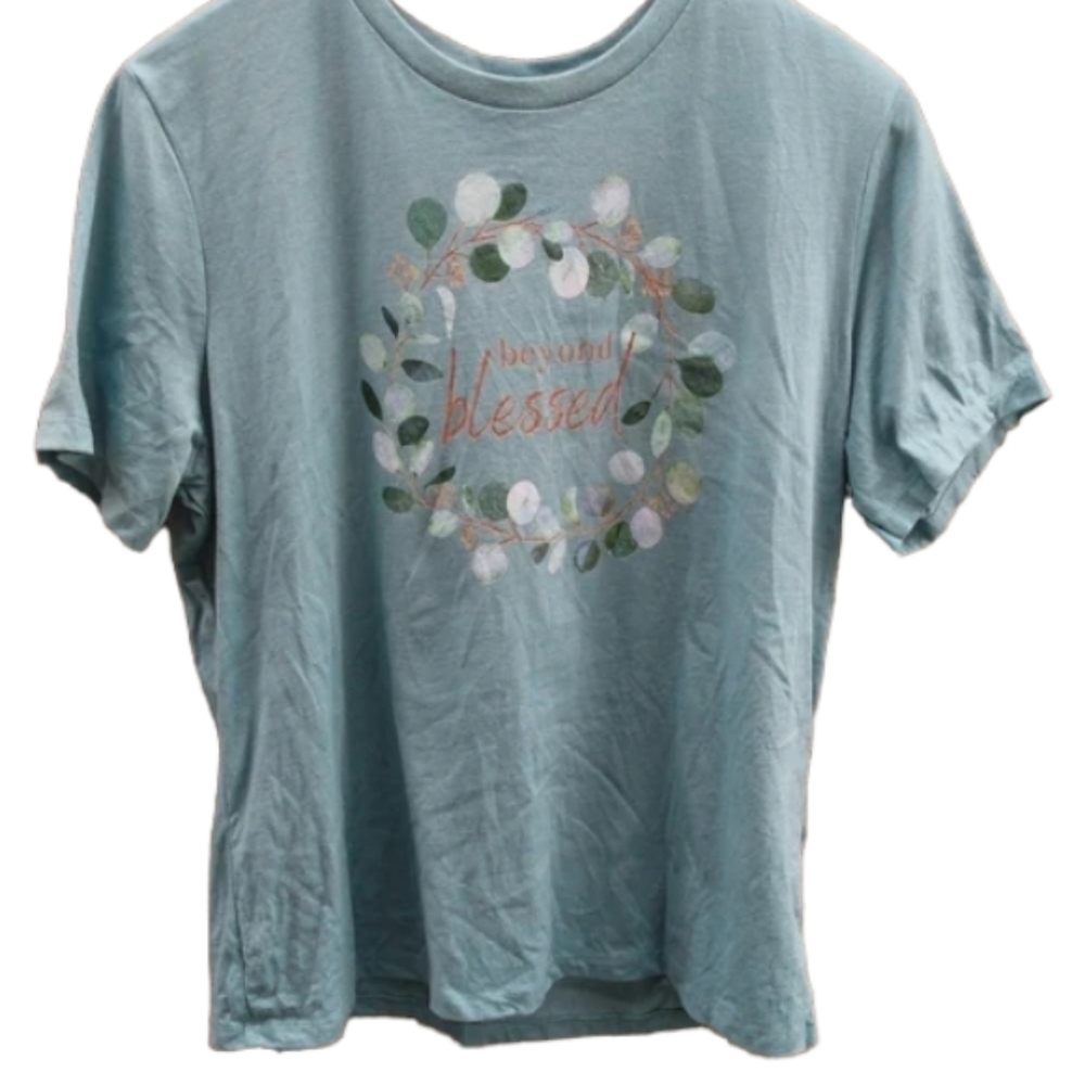 XL Extra Large Wreath Short Sleeve Shirt Handmade Beyond Blessed Blue Teal